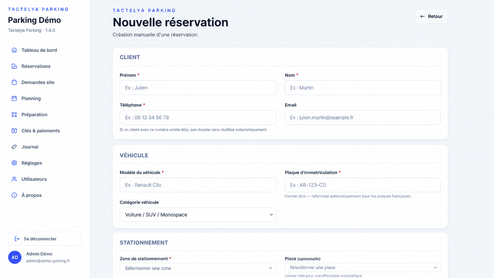 Formulaire de création de réservation dans Tactelya Parking