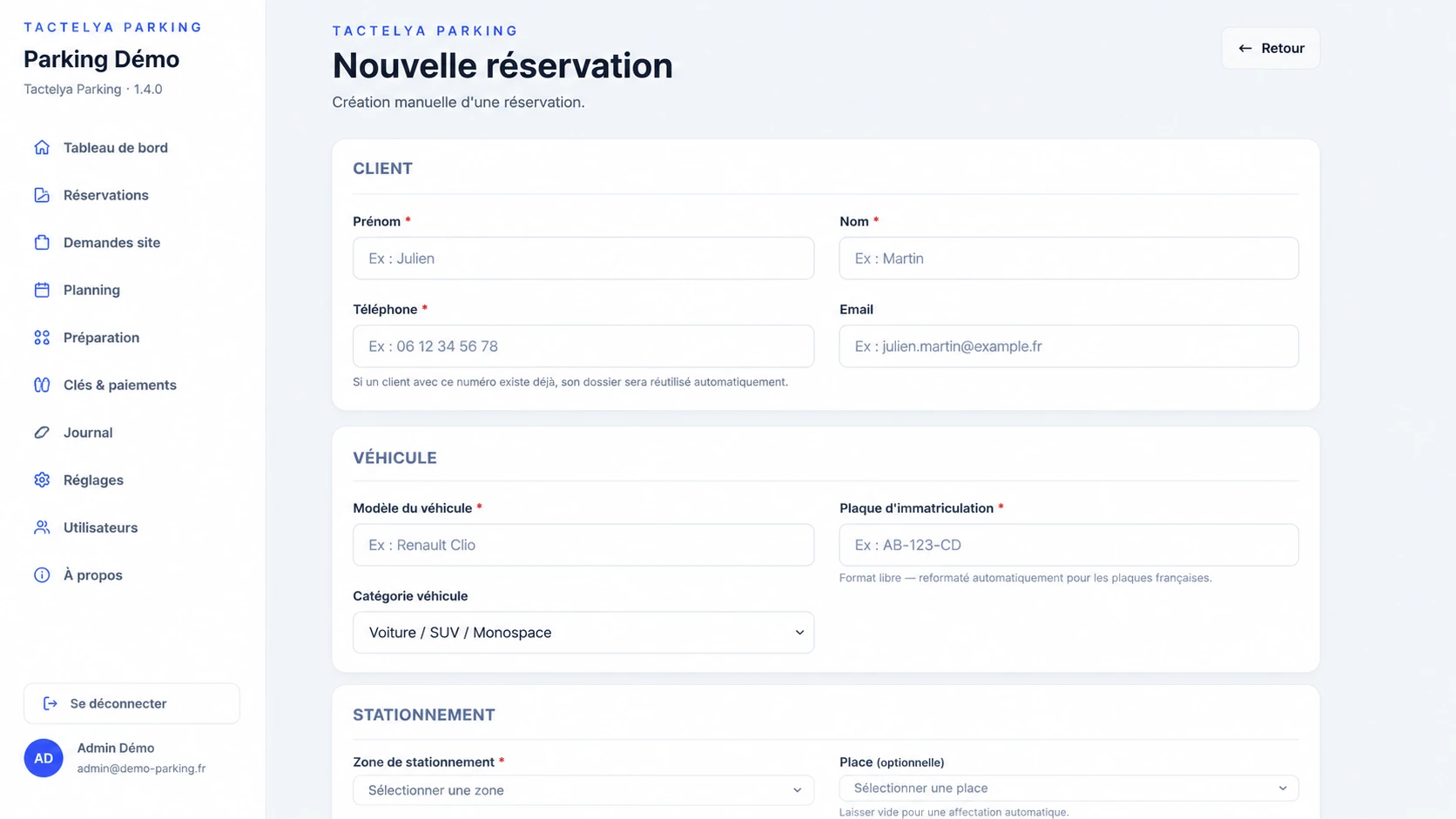 Formulaire de création d'une nouvelle réservation.